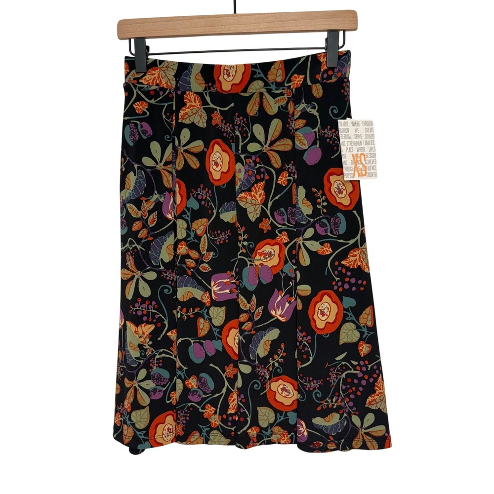 LuLaRoe XS Madison Skirt Floral Print Black Orange Purple Elegant Career New